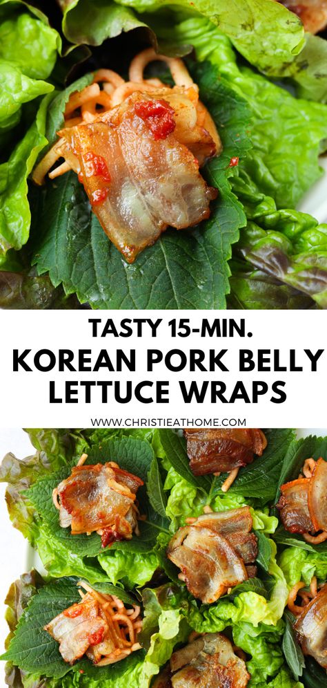 Tasty 15-min. Korean Pork Belly Lettuce Wraps Korean Pork Lettuce Wraps, Korean Pork Belly Lettuce Wraps, Easy Korean Pork Belly Recipes, Korean Bbq Lettuce Wraps, Pork Belly Wraps, Korean Pork Belly Recipes, Pork Belly Lettuce Wraps, Pork Crackle, Korean Lettuce Wraps