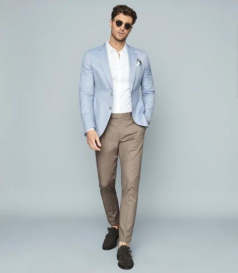 Light Blue Blazer Outfit Men, Light Blue Blazer Outfit, Mens Smart Outfits, Blue Blazer Outfit Men, Blue Blazer Outfit, Dapper Gentleman Style, Light Blue Blazer, Formal Attire For Men, Mid Fade