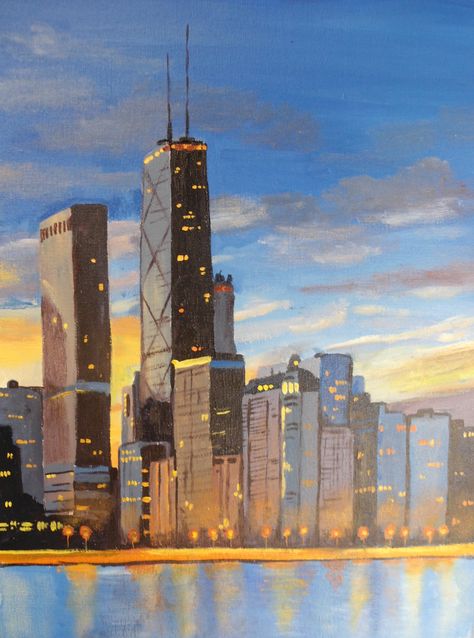 Chicago Skyline: acrylic painting video lesson by Jane Lazenby available now on www.ArtTutor.com Skyline Painting Easy, Acrylic City Painting, Chicago Skyline Painting, Chicago Artwork, Chicago Painting, City Scape Painting, Watercolor Easy, Painting City, Skyline Painting