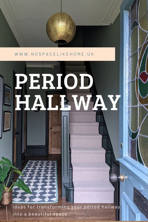 Get some great dark hallway décor ideas from this dark green hallway in an Edwardian period home! Packed with original features with a contemporary twist, see some entrance décor inspiration. 1920s Hallway Ideas, Dark Hallway Ideas Color Schemes, Dark Green Stairs, Teal Hallway Ideas, Dark Grey Hallway Ideas, Vintage Hallway Ideas, Bright Hallways, Dark Green Hallway, Dark Grey Hallway