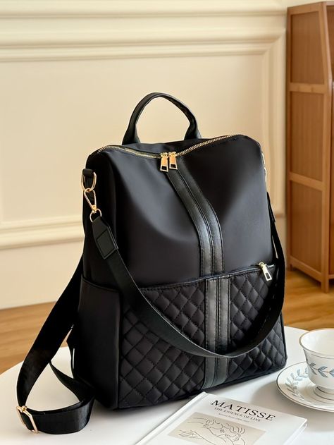 Black Elegant Collar Polyamide Quilted Classic Backpack Embellished Women Bags Women Backpack Fashion, Functional Backpack, My Style Bags, Quilted Backpack, Beg Tangan, Elegant Bags, Outdoor Material, Convertible Backpack, Classic Backpack