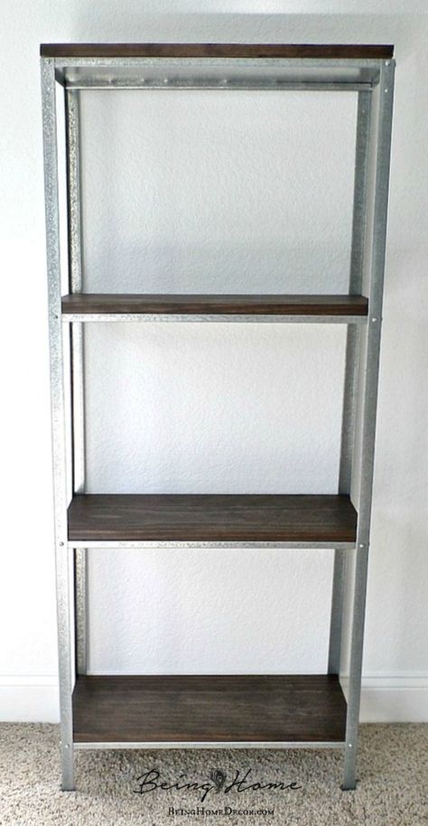 Ikea Hyliss Shelving Unit - two Ikea Hyliss shelving units (their made of galvanized metal) and added Kona stained wood to the shelves for contrast. By the way, the Hyliss shelving units are only $14.99. Hyllis Ikea, Furniture Remodel, Furniture Remodeling, Shelving Racks, Shelving Units, Stained Wood, Galvanized Metal, Metal Shelves, Staining Wood