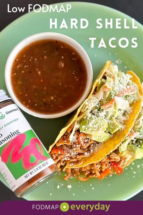 The recipe features lab-tested, certified low FODMAP products from Gourmend. They have Organic Chicken Bone Broth and Organic Beef Bone Broth, Low FODMAP Taco Seasoning and several other seasonings! They make cooking low FODMAP easy – and delicious. Low Fodmap Tacos, Fodmap Taco Seasoning, Broth Fondue, Fodmap Recipes Dinner, Low Fodmap Recipes Dinner, Hard Shell Tacos, Chicken Bone Broth, Beef Bone Broth, Dairy Free Diet