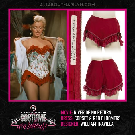 COSTUME WAREHOUSE: The red detailed lace ruffled edges and black tied bows bloomers are only part of the original costume sold auction for $11,520 at Julien's in 2018. Notice the bias label inscribed, "1-25-1-4413 M.Monroe A713-06" for the costume department at 20th Century Fox. 💋. #RiverofNoReturnMovieMonth #MarilynMonroe #AllAboutMarilyn #MarilynMonroeDress #MarilynMonroeCostumes #oldhollywood Marilyn Monroe Corset, Monroe Outfits, Tightlacing Corset, Marilyn Monroe Outfits, Marilyn Monroe Costume, Dazzling Dresses, Costume Department, Marilyn Monroe Dress, Marilyn Monroe Fashion