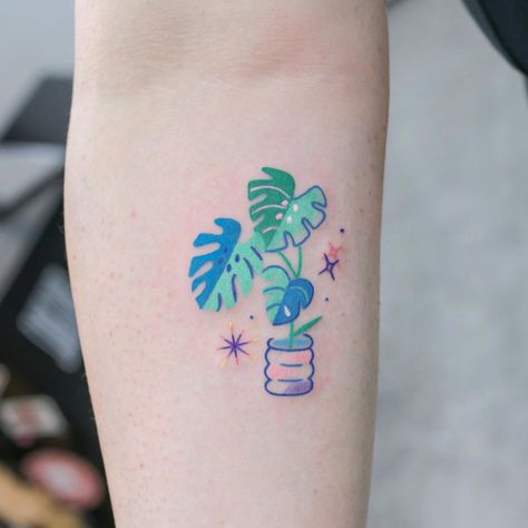 U1 (@u_oooops) | Instagram Tiny Color Tattoos, Cute Plant Tattoos, Simple Colorful Tattoos, Color Block Tattoo, Cavetown Tattoo Ideas, Pastel Tattoo Ideas, Tattoo Ideas Female Color, Painters Tattoo Ideas, New Style Tattoo