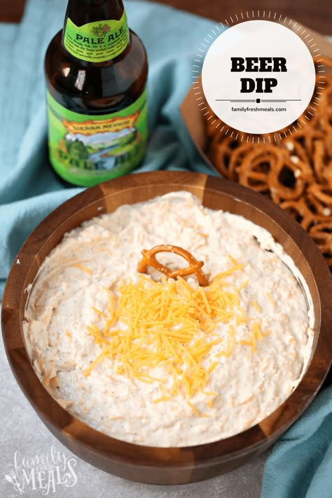 Beer Dip served in a bowl with pretzels and a bottle of beer Beer Dip Recipe, Cheesy Sausage Dip, Sausage Dip Recipe, Beer Dip, Sausage Dip, Beer Cheese Dip, Fresh Meals, Family Fresh Meals, Beer Cheese