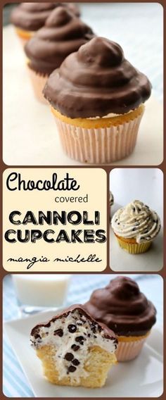 Chocolate covered cannoli cupcakes are a delicious and impressive dessert. They are stuffed and iced with cannoli cream and has a chocolate candy shell ~ www.mangiamichell... Cannoli Cupcakes, Cannoli Cupcake, Impressive Dessert, Cannoli Cream, Impressive Desserts, Low Carb Dessert, Oreo Dessert, Cake Boss, Cannoli