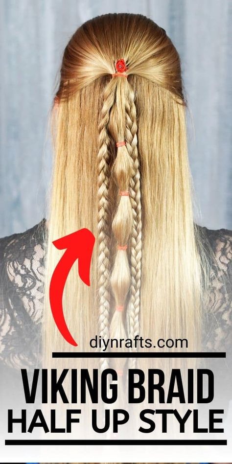 This half up Viking style braided hairstyle is super easy to do and looks great on everyone! Ideal for long straight hair but can work with any texture of hair! Easy Viking Hair, Astrid Costume, Activity Jar, Hair Braid Diy, Witchy Hair, Viking Braids, Viking Hair, Braided Half Up, Braided Hairstyle