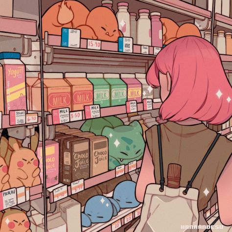 Hanaan on Instagram: “Convenience store. My first attempt to such drawing with lots of subjects and details. Had to add in Pokemon because why not. Thank you to…” Grocery Store, Subjects, Convenience Store, Pokemon, Hair, Anime, Pink, On Instagram, Instagram