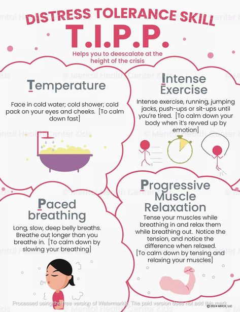 Helping kids manage their emotions can be a challenge, but the TIPP technique offers a practical solution. TIPP stands for Temperature, Intense exercise, Paced breathing, and Progressive muscle relaxation. This method is part of Dialectical Behavior Therapy (DBT) and can be a lifesaver during tough times. Download our TIPP Skills handout to support your child or teen in navigating emotional distress with confidence. Dbt Skills Distress Tolerance, Dbt Cheat Sheet, Dbt Exercises, Cbt For Kids, Psychosexual Stages Of Development, Telehealth Therapy Activities For Kids, Distress Tolerance Activities, Self Regulation Activities For Kids, Teen Therapy Activities