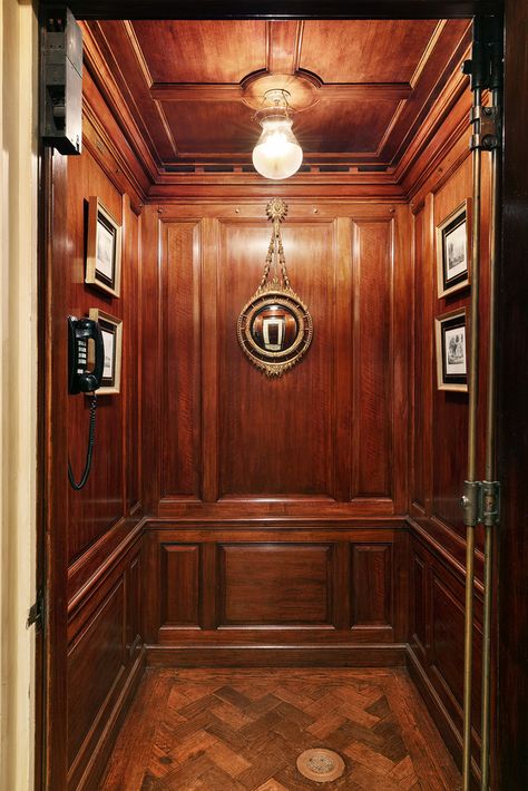 Vintage Elevator Aesthetic, Art Deco Elevator, Old Elevator, Vintage Elevator, Gatsby House, Mid Century Hotel, Private Elevator, Bourbon Room, Elevator Interior