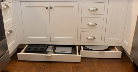 Toe Kick Under Cabinet Drawers Under Cabinet Drawers, Kabinet Dapur, Hidden Kitchen, Custom Kitchens, Kitchen Storage Solutions, Transitional Kitchen, Kitchen Pictures, Functional Kitchen, Kitchen Remodel Idea