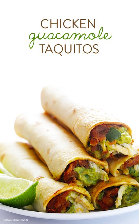 5-Ingredient Chicken Guacamole Taquitos Recipe | gimmesomeoven.com Mexican Taquitos Chicken, Cilantro Lime Chicken Taquitos, Taquitos Chicken Healthy, Green Chili Chicken Taquitos, Healthy Flautas Chicken, Chicken Guacamole, Cheese Tortillas, Mexican Queso, Taquitos Recipe