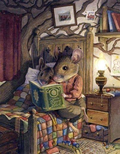 25 Beloved, Time-Tested Read-Alouds For Young Children, Chris dunn, artist, bedtime story, mother mouse reading to little mouse, cottage, ca... Susan Wheeler, Beatrice Potter, Coloring Designs, 동화 삽화, Marjolein Bastin, Reading A Book, Art Et Illustration, Arte Animal, Arte Fantasy