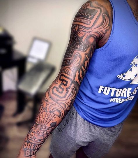 Fire Forarm Tattoos, Errol Spence Jr Tattoos, Upper Arm Tattoo Men Black, Tattoo For Black Man, Arm Sleeve Black Man, Cold Blooded Tattoo, Tattoo Ideas For Men Dark Skin, Half Sleeve Tattoos For Black Guys, Tap Out Tattoo Session