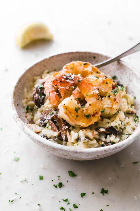 Mushroom Parmesan Shrimp Risotto - Learn how to make shrimp risotto at home with ease! Loaded with sautéed mushrooms, shrimp and tons of garlic! #shrimprisotto #mushroomrisotto #parmesanrisotto #homemaderisotto | Littlespicejar.com What To Serve With Mushroom Risotto, Tarragon Shrimp, Risotto Mushroom, Mushroom Parmesan, Roasted Shrimp Recipes, Parmesan Shrimp, Recipe Mushroom, Shrimp Parmesan, Shrimp Risotto