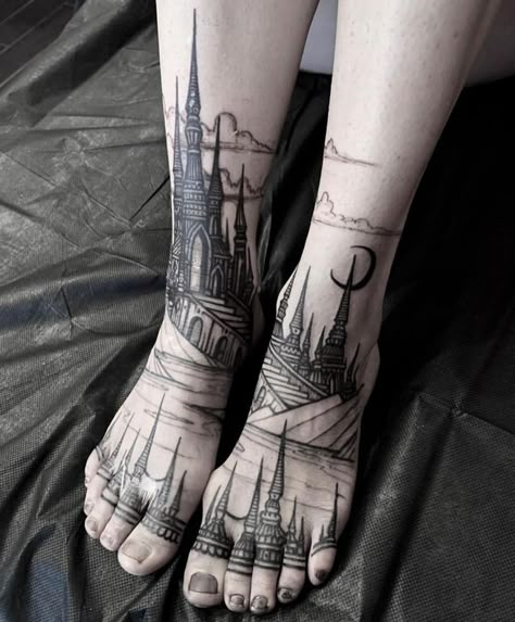 Cathedral Tattoo, Tattoo On Foot, Castle Tattoo, Awesome Tattoo, My Camera Roll, Gothic Tattoo, Foot Tattoo, Foot Tattoos, Skin Art