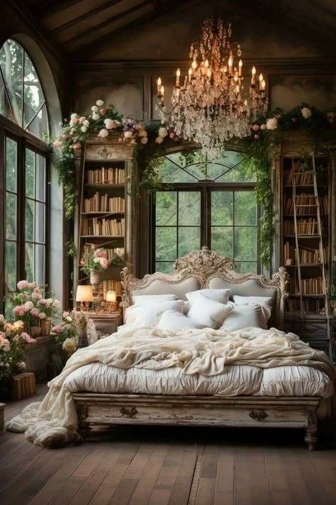 Romantic Interior Design Cozy Living, Romantic Whimsical Bedroom, Bedroom Shabby Chic Modern, Shabby Chic Library Room, Antique Romantic Bedroom, Victorian Era Bedroom Aesthetic, Dreamy Vintage Bedroom, Bedroom Inspirations Master Cozy Elegant, Dark Cottagecore House Bedroom