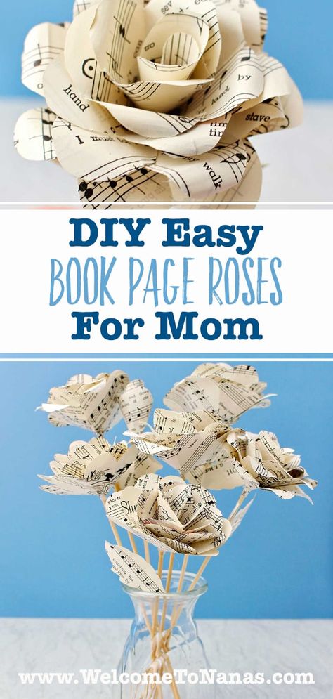 Give mom a bouquet of beautiful DIY Easy Book Page Roses for Mother's Day. Upcycle old paper and make a gift of love that will last. #WelcometoNanas #BookPageRoses #DIYGiftForMom #UpcycledOldPaper Music Paper Flowers, Recycled Book Crafts, Paper Bouquet Diy, Upcycled Books Crafts, Diy Old Books, Book Page Roses, Book Page Flowers, Book Themed Party, How To Make Rose