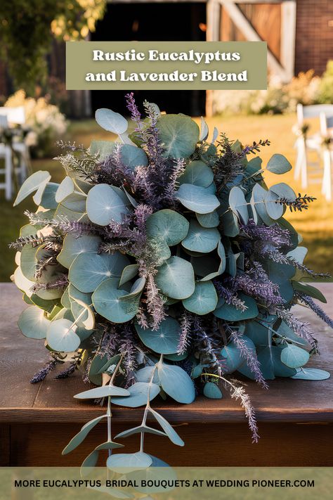 Rustic Wedding Bouquet with Eucalyptus & Lavender Wedding Bouquet Lavender Eucalyptus, Lavender And Eucalyptus Bouquet, Wedding Bouquets Eucalyptus, Lavender And Eucalyptus Wedding, Wedding Bouquet With Eucalyptus, Bouquets Eucalyptus, Bouquet With Eucalyptus, Bridal Bouquet Ideas, Lavender Wedding Bouquet