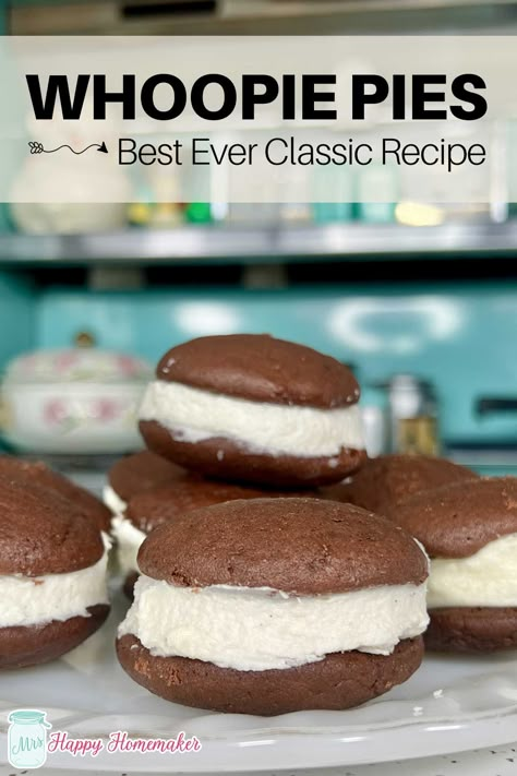 My Classic Whoopie Pie recipe is the perfect combination of moist chocolate cakes and a sweet, creamy vanilla filling. These treats are as easy to make as they are to enjoy (however, they ARE quite addictive!). Mini Whoopie Pies Easy, Easy Whoopie Pies Cake Mixes, Tiramisu Whoopie Pies, Gob Recipe Whoopie Pies, Homemade Whoopie Pies Recipes, Best Whoopie Pie Recipe, Whoopi Pies Recipe, Easy Whoopie Pie Recipe, Whoopi’s Pies