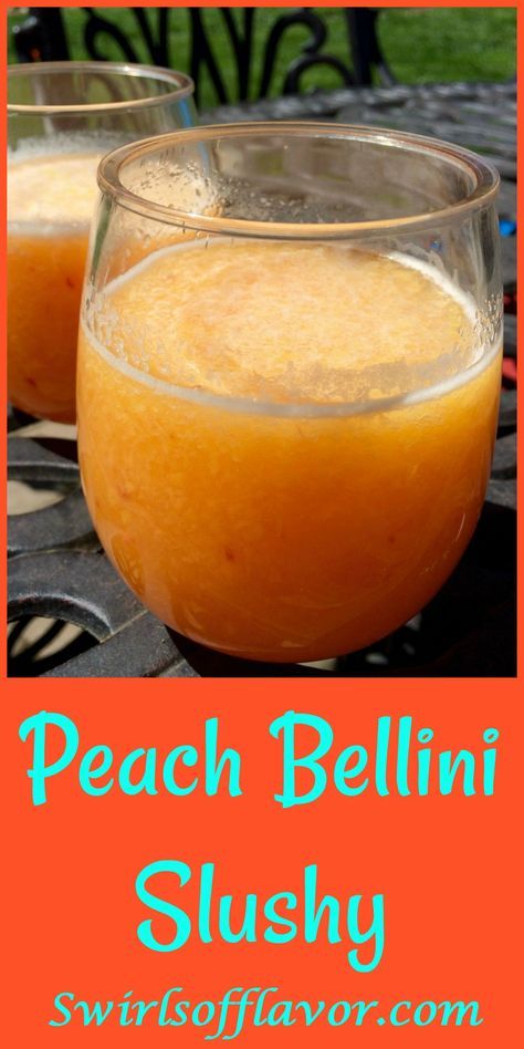 Frozen Peach Cocktail, Peach Bellini Recipe, Frozen Peach Bellini, Bellini Recipe, Frozen Peaches, Wine Slushie, Peach Bellini, Liquor Drinks, Peach Schnapps