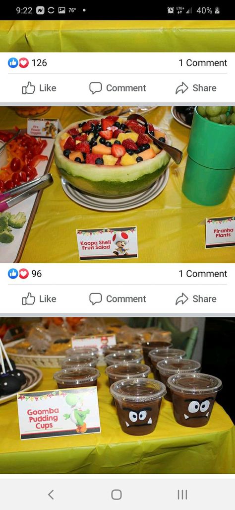 Mario Brother Food Ideas, Goomba Pudding Cups, Super Mario Fruit Ideas, Mario Themed Dinner, Super Mario Birthday Food, Mario Birthday Food Ideas, Super Mario Movie Night, Mario Fruit Tray, Mario Food Ideas