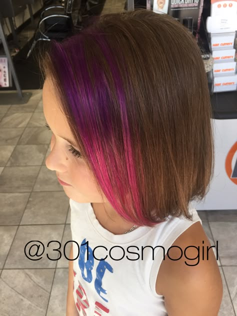 These purple pink pravana ombré peekaboos are perfect for kids hair color! Peekaboo Hair Color Minimal, Hair Color For Kids Girls Summer, Kids Peekaboo Hair Color, Girls Hair Color Ideas Kids, Pink Hair For Kids, Kids With Colored Hair, Kid Hair Color Ideas, Kid Highlights Hair, Kids Dyed Hair