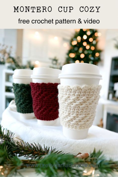 The Montero free crochet cup cozy pattern is perfect for anyone – from beginners to advanced crocheters. This beautiful texture is a twist on the crunch stitch – a simple combination of half double crochet and slip stitch.This coffee sleeve is the perfect gift for the holiday season, or a unique craft fair item be sure to print off some coffee sleeve templates to offer with your cozies.rn Free Crochet Cup Cozy, Coffee Sleeve Pattern, Coffee Cozy Pattern, Cup Cozy Crochet Pattern, Crochet Craft Fair, Cup Cozy Pattern, Crochet Christmas Stocking Pattern, Crochet Mug Cozy, Crochet Coffee Cozy