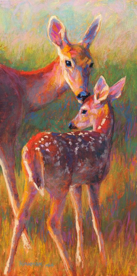 Rita Kirkman, "Doe and Fawn" (pastel, 16x8 inches) Pastel Sec, Deer Art, Oil Pastel Art, Oil Pastel Drawings, Wildlife Paintings, Daily Painting, A Deer, Baby Deer, Pastel Drawing