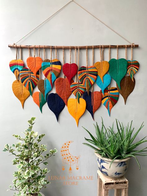 Macrame Colorful, Macrame With Leaves, Colourful Macrame, Macrame Wall Hanging With Leaves, Macrame Autumn Decor, Macrame Wall Hanging Leaf, Yoga Room Decor, Bodhi Leaf, Woven Wall Art