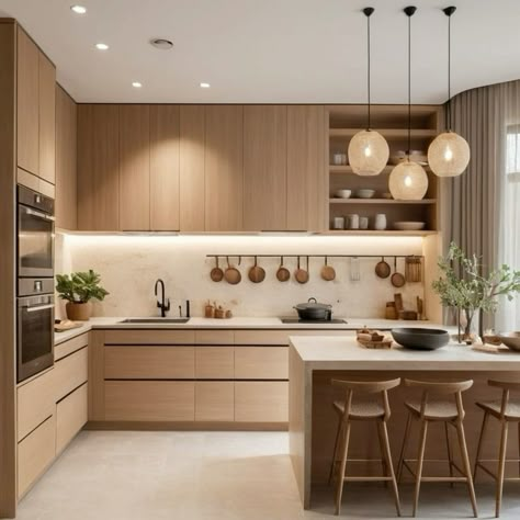 This contemporary kitchen design combines earthy, natural elements with modern functionality, creating an inviting, airy space. The light wood cabinetry and open shelving enhance the feeling of warmth, while the soft, neutral tones maintain a clean, minimalist aesthetic. Illuminated by subtle, under-cabinet lighting and statement pendant lights, the room feels both cozy and expansive. The sleek black fixtures and accents provide a striking contrast to the neutral palette, tying together the modern, yet timeless design. Perfect for those seeking a harmonious blend of style and practicality in a sophisticated, contemporary space. Japandi Kitchen Cabinet Design, White Kitchen Japandi, Japandi Kitchen Countertop, Kitchen Design Japandi, Kitchen Japandi Style, Kitchen Boho Modern, Japandi Luxury, Japandi Kitchen Island, Cuisine Japandi