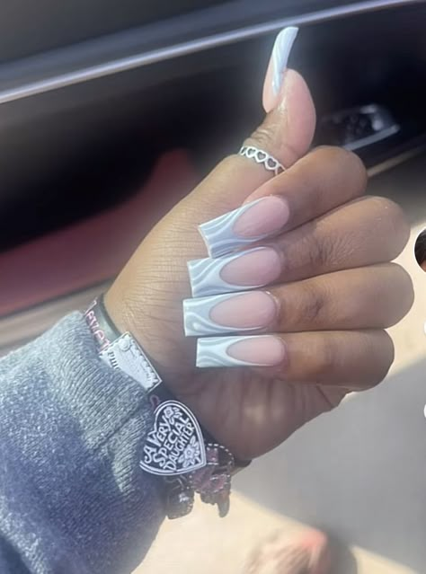 Grey And White Nails Short, Gray White French Tip Nails, Grey French Tip Nails Square, White And Grey French Nails, French Tip Gray Nails, Grey And White Short Nails, Grey And White French Tip Nails, Grey And Black Nail Ideas, Black And Grey Nails Short