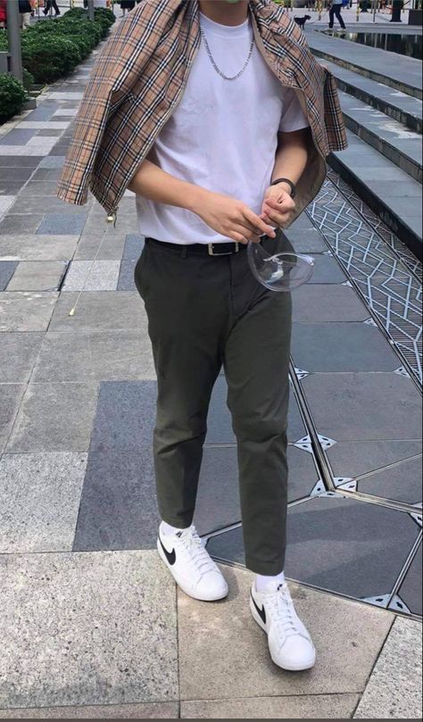 white shirt, beige aesthetic, green pants men outfits, nike,chains, mens outfit Men Outfit White Pants, Chino Pants Men Outfits Street Styles, Chino Pants Outfit Men, Green Slacks Outfit, Green Chinos Outfit Men, Chino Pants Men Outfits, Chino Streetwear, Green Pants Outfit Men, Green Chinos Men