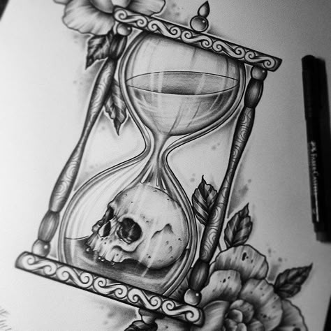 skull art Diy Tattoo Permanent, Hourglass Tattoo, Skull And Roses, Hourglasses, Skull Tattoo Design, Diy Tattoo, Desenho Tattoo, Time Tattoos, A Skull