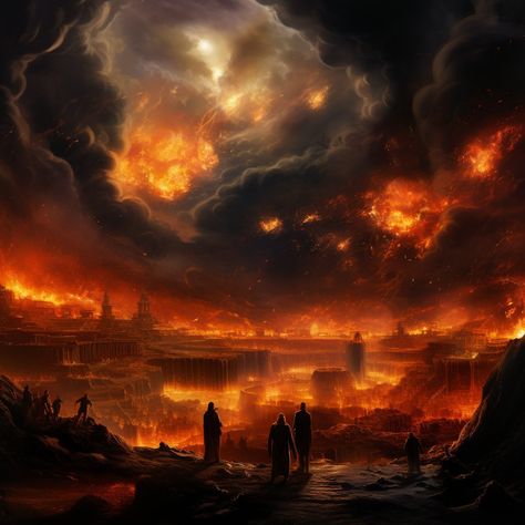 A raging fire consumes the land. Fire Giants, Burning City, Apocalypse Art, Flame Art, World On Fire, My Fantasy World, Fantasy City, Fantasy Places, Dark Art Illustrations