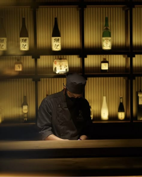 Sushi Bar Aesthetic, Izakaya Aesthetic, Sake Aesthetic, Modern Izakaya, Sushi Display, Japanese Cocktails, Sake Bar, Japanese Bar, Employee Uniform