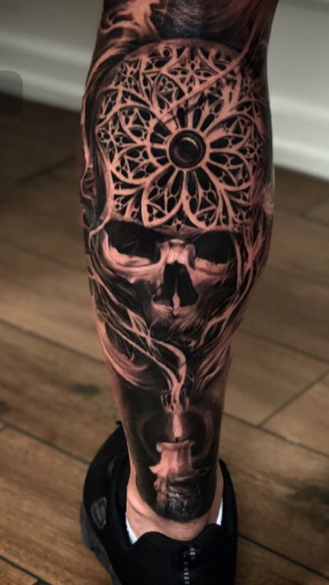 Calf Tattoo Men, Best Leg Tattoos, Full Leg Tattoos, Skull Sleeve Tattoos, Skull Sleeve, Muster Tattoos, Leg Tattoo Men, Cool Tattoos For Guys, Leg Sleeve Tattoo