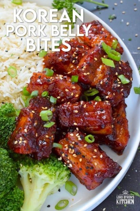 These bite-sized morsels of pork are so quick and easy to prepare! In less than 60 minutes, you can have these delicious Korean Pork Belly Bites on your dinner plate! Prepared with fresh garlic and ginger, and garnished with sliced green onions, expect an explosion of flavour here! #korean #gochujang #porkbelly #pork #oven #asian #sauce Caramelized Pork Belly, Easy Korean Pork Recipes, Pork Belly Slices Recipes Easy, Asian Style Pork Belly, Sliced Pork Belly Recipes Korean Bbq, Easy Asian Pork Belly Recipes, Cubed Pork Belly Recipes, Melt In Your Mouth Pork Belly, Marinated Pork Belly Korean Bbq