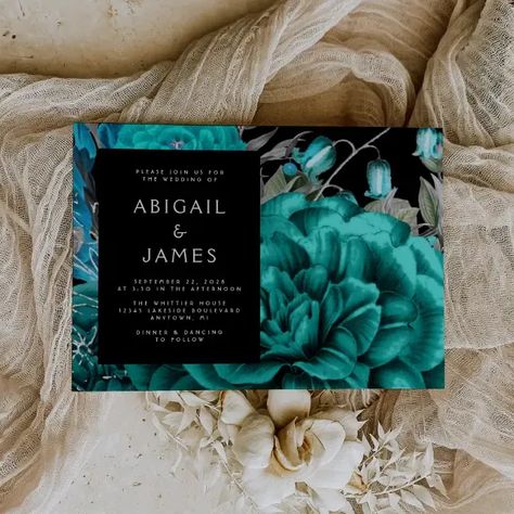 Elegant Moody Dark Floral Teal Silver Wedding Invitation (The perfect choice for a romantic turquoise and silver themed wedding.) Teal Black And Silver Wedding, Teal And Black Wedding, Black Rustic Wedding, Silver Themed Wedding, Dark Teal Weddings, Black And Silver Wedding, Teal Weddings, Moody Wedding Invitations, Silver Wedding Invitation