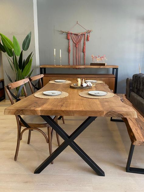 Living Edge Dining Table, Modern Table Base, Modern Wood Furniture, Steel Table Base, Wood Dining Room Table, Boho Mid Century, No 26, Live Edge Dining Table, Solid Wood Table