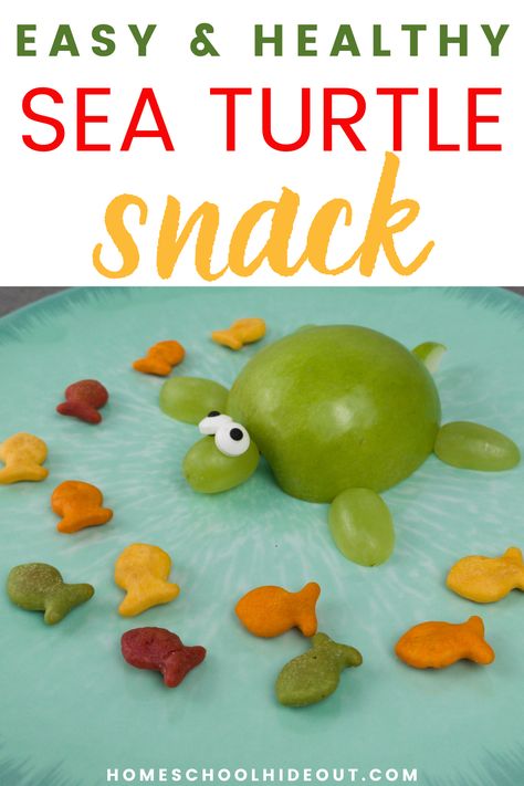 Sea Turtle Themed Snacks for Kids - Homeschool Hideout Themed Snacks For Kids, Turtle Preschool, Turtle Snacks, Ocean Snacks, Homeschool Units, Turtle Activities, Snack Ideas For Kids, Themed Snacks, Fish Crackers