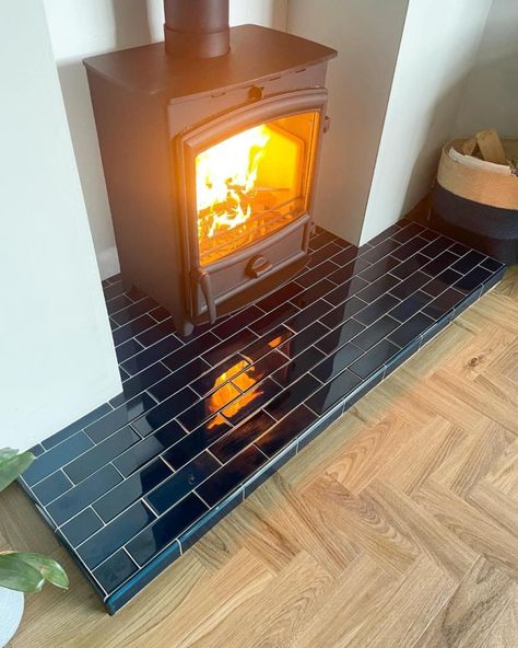 Log Burner Hearth, Tiled Hearth Ideas, Tiled Fireplace Hearth, Tiles Hearth, Tile Hearth, Blue Herringbone Tile, Fireplace Hearth Tiles, Fireplace Hearths, Hearth Ideas