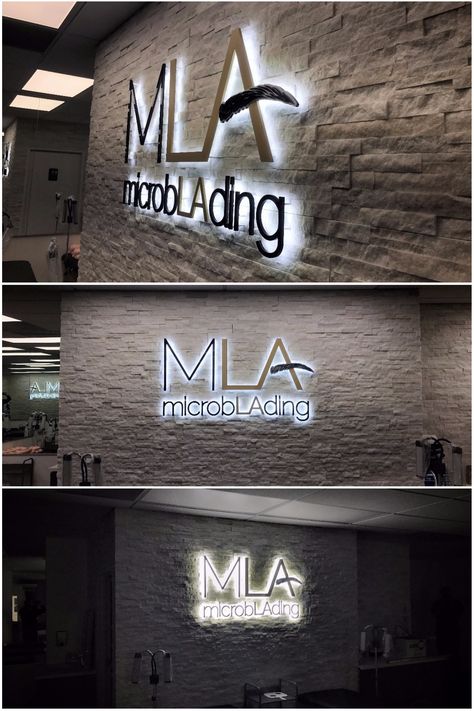 indoor sign that reads "MLA" with "microbLAding" underneath. Light is coming out of the back of the letters and shining onto a stone wall. Company Logo Wall, Outdoor Logo, Lobby Sign, Office Signage, Medical Office Design, Outdoor Logos, 3d Business, Backlit Signs, Led Logo