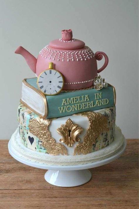 Alice In Wonderland Wedding Cake, Wonderland Wedding Cake, Mad Hatter Cake, Alice In Wonderland Cakes, Alice In Wonderland Wedding, Alice In Wonderland Birthday, Disney Cakes, Unique Cakes, Love Cake