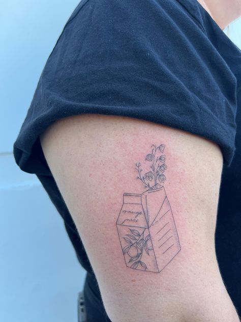 Noah Kahn Inspired Tattoos, Orange Juice Box Tattoo, Juice Carton Tattoo, No Complaints Noah Kahan Tattoo, Maine Noah Kahan Tattoo, California Themed Tattoos, Orange Juice Carton Tattoo, Noah Kahan Orange Juice Tattoo, Orange Juice Noah Kahan Tattoo