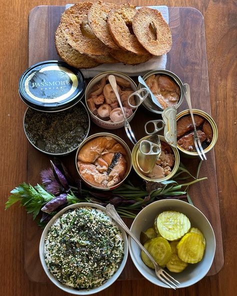 Tyler Florence - Tin Fish Boards are the new Charcuterie.... Seafood Dinner Party, Tin Fish, Chasing Money, Fish Board, Fish Snacks, Tinned Fish, Tyler Florence, Break Fast, Thriller Novels