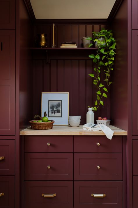 English style traditional red kitchen. Breadboard backing, butcher block counter and brass hardware Subway Tile With Grey Grout, Traditional Millwork, Tile With Grey Grout, Burgundy Paint Colors, Traditional English Kitchen, Red Kitchen Cabinets, Burgundy Paint, Red Paint Colors, Red Cabinets