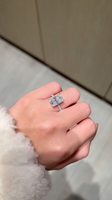 Elongated Radiant Engagement Ring, Huge Diamond Rings, Elongated Radiant, Radiant Engagement Ring, Most Beautiful Engagement Rings, Radiant Engagement, Big Engagement Rings, Beautiful Engagement Ring, Hidden Halo Ring