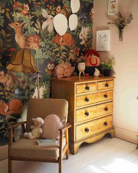 Woodsy Nursery Ideas, Woodsy Nursery, Charcoal Wall, Woods Wallpaper, Birch Tree Wallpaper, Woodland Animal Wall Art, Imagination Play, Wooden Cribs, Magical Room